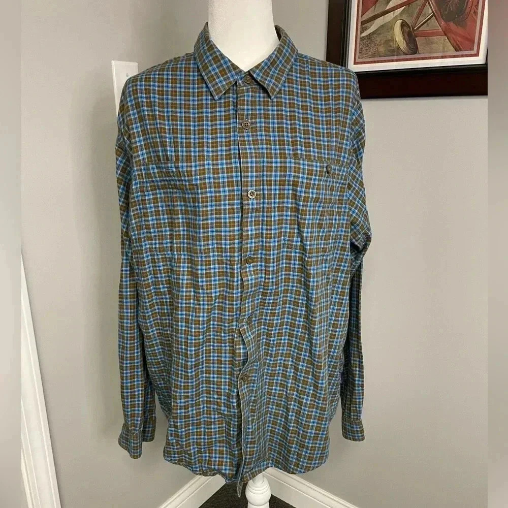 Patagonia Men's Large Green Blue Plaid Organic Cotton Long Sleeve Button‎ Shirt